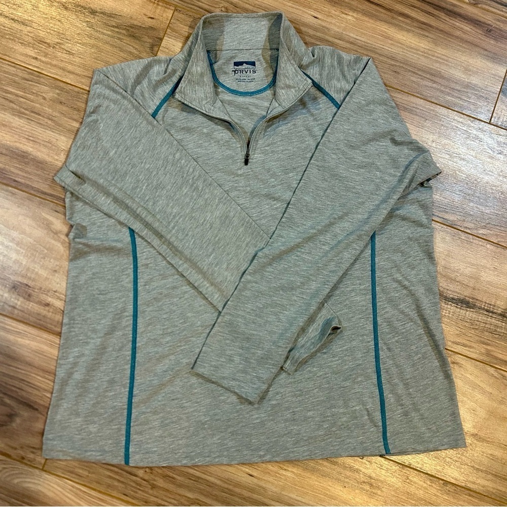 Orvis Men’s Quarter Zip Pullover Long Sleeve Shirt Gray w/Teal Stitching Size XL
